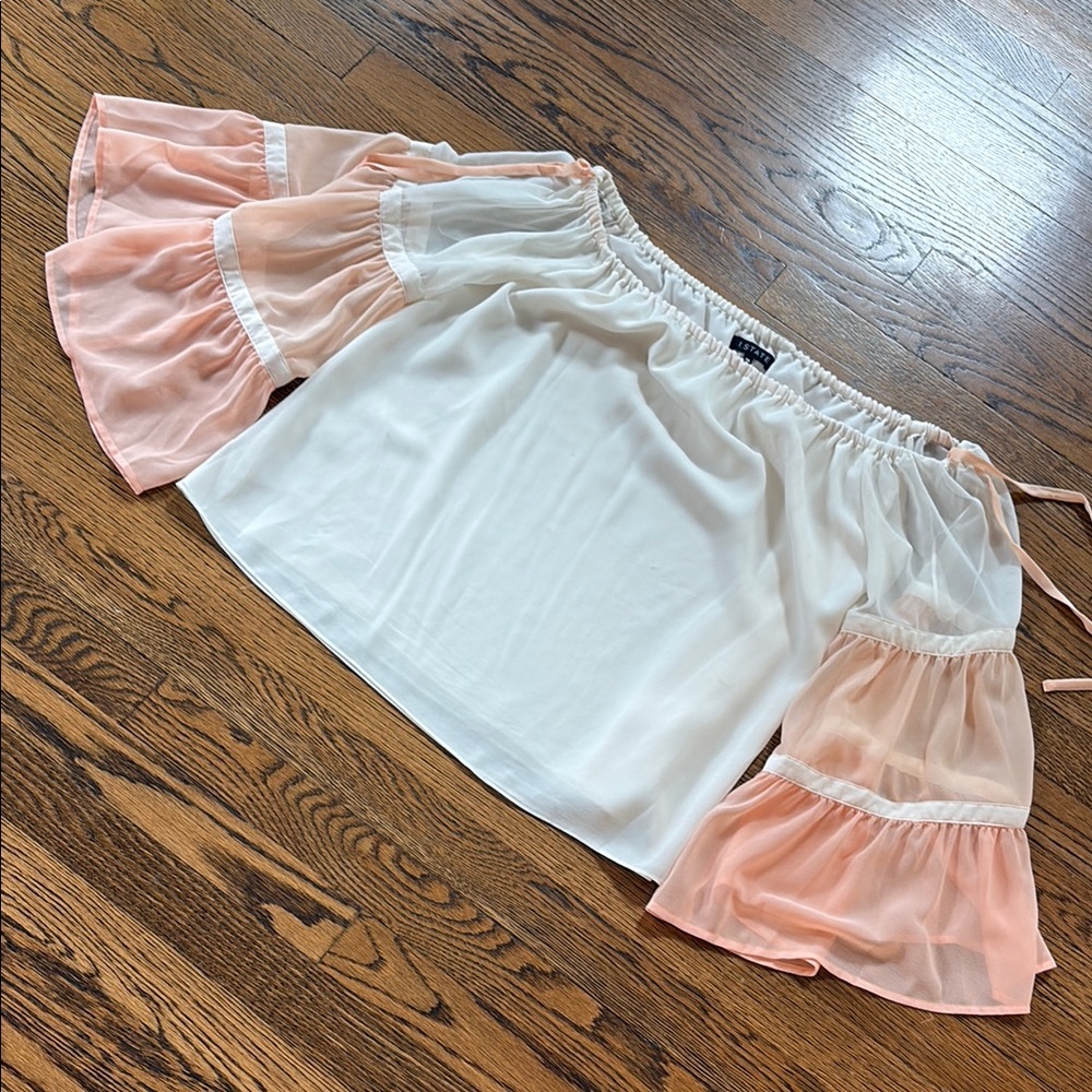 1.State White and Peach Flowy sheer sleeves Off-Shoulder Blouse, M - Picture 1 of 1